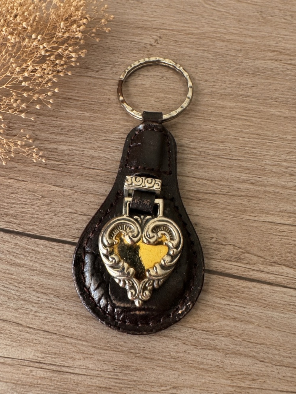 Brighton Black Leather Keychain with Silver-Tone Heart and Gold Accent